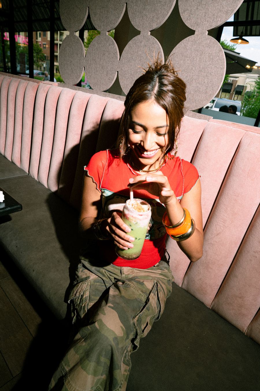 BITE — smiling over a matcha