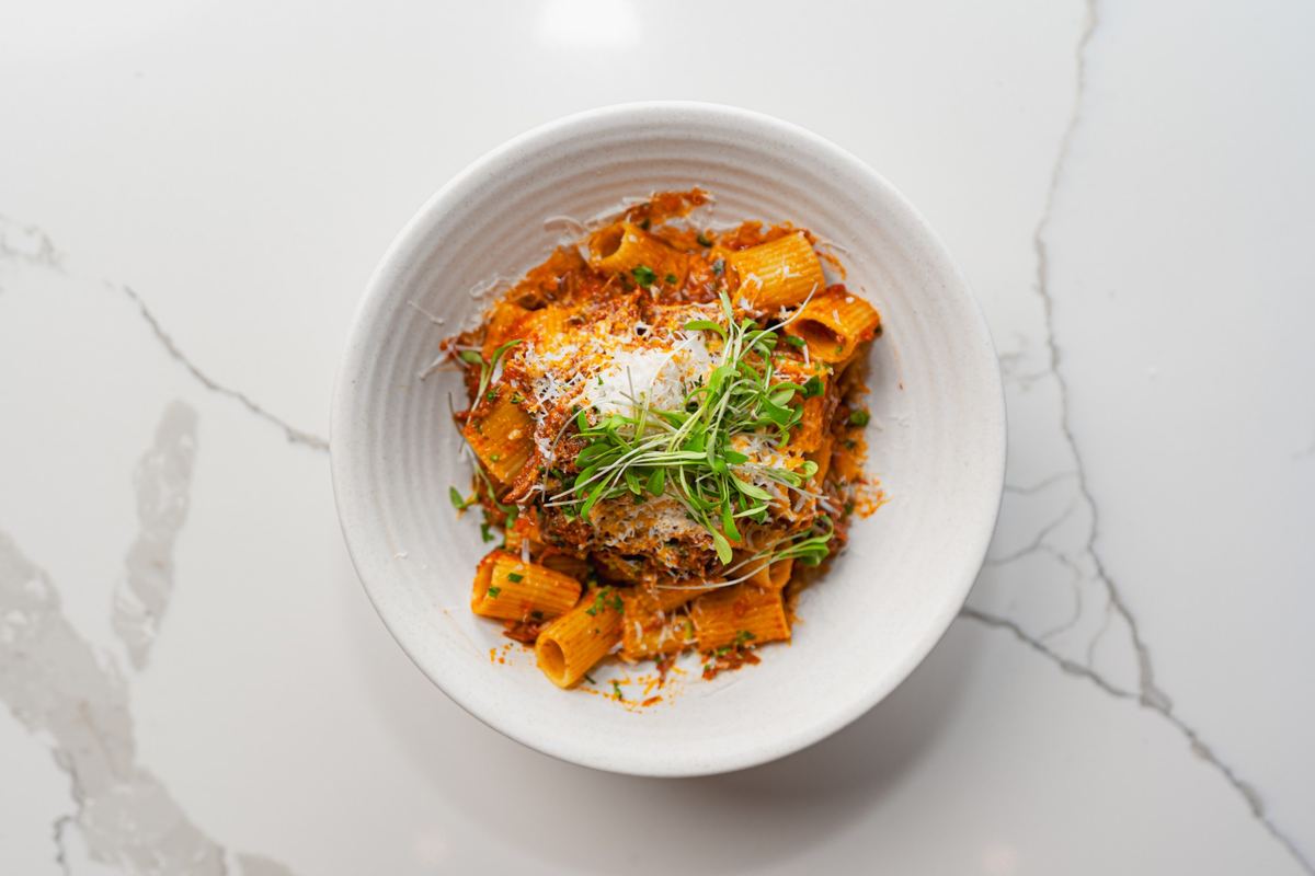 Valentine&rsquo;s at BITE — rigatoni bolognese from above